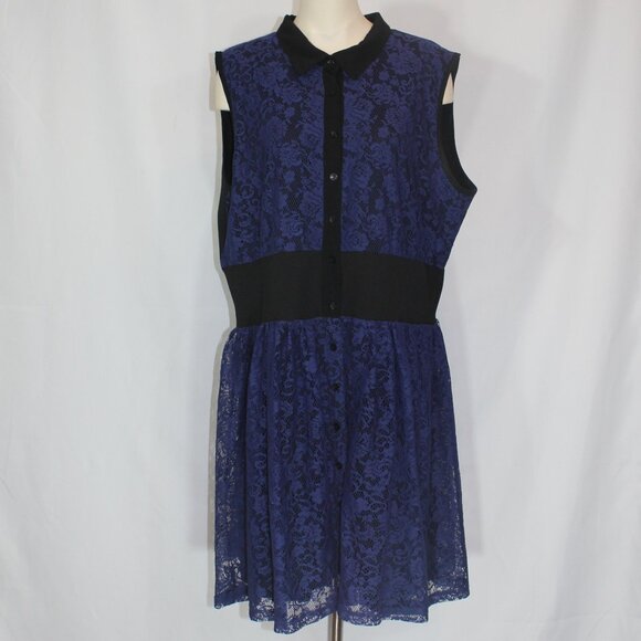 ASOS curve navy blue lace dress, button front, black collar mini size 18 - Picture 2 of 8